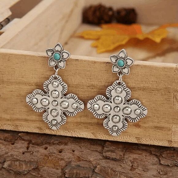 Western Flower Cross Silver Plated Turquoise Dangle Earrings - Picture 2 of 6